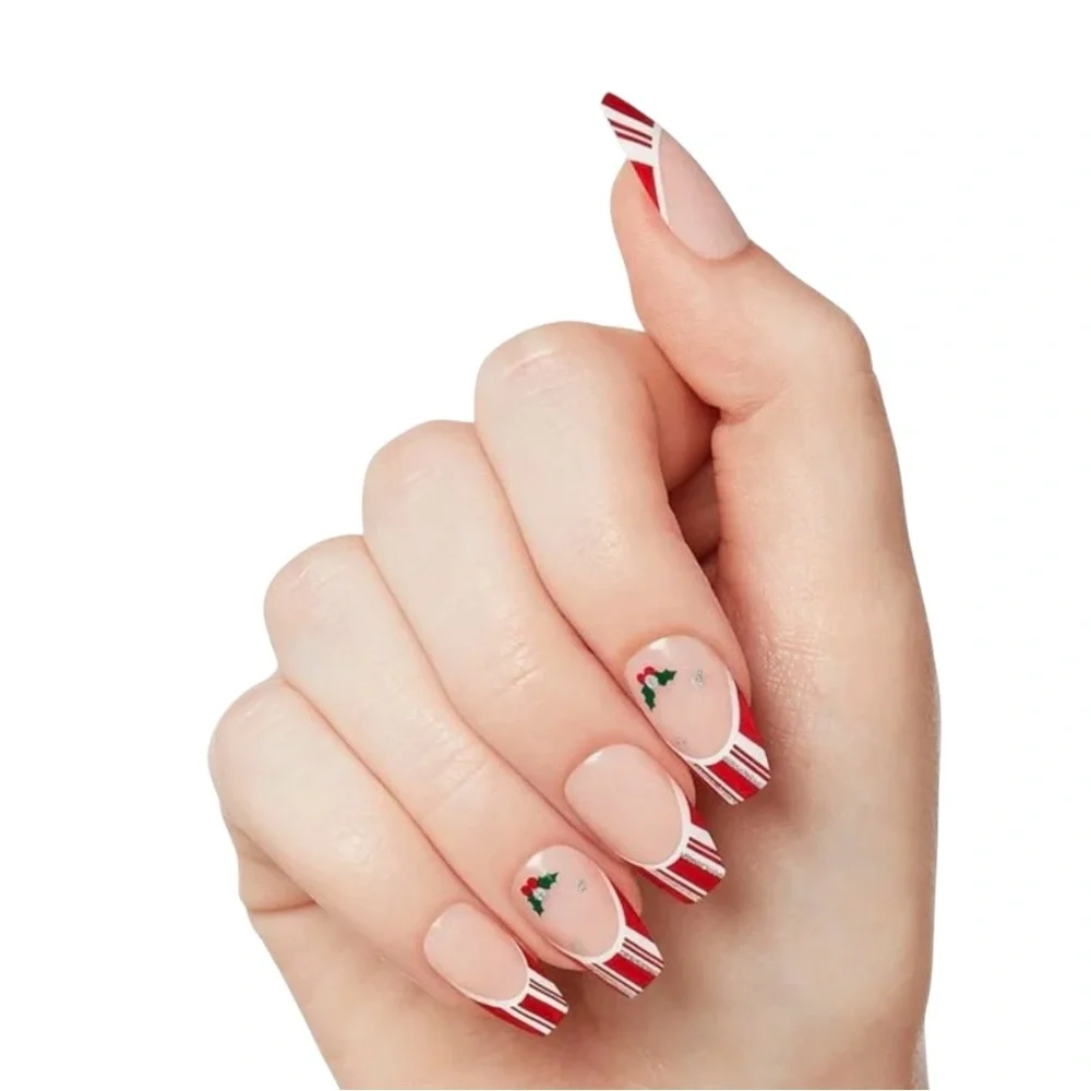 KISS Press on nails 2 sets Limited Ed. Voguish Fantasy Candy cane Holly w/glue